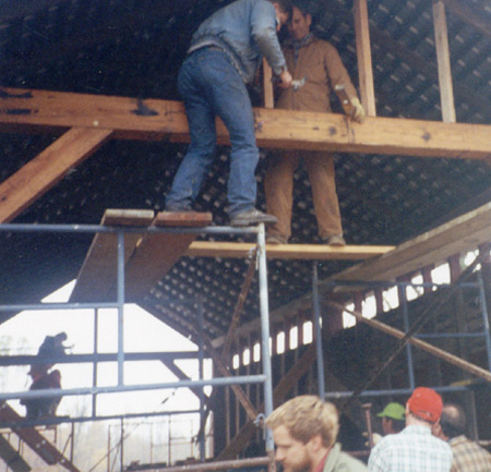 Roddy Road Covered Bridge, timber frame repairs complete, installation of nailing studs to carry new siding.