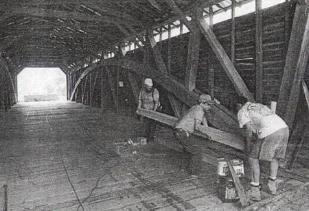 Utica Bridge, over Fishing River, showing interior trusswork and timber framing.  Photo credit Mark Crummet.
