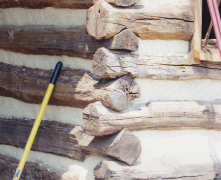 Hand hewn, hand fitted log cabin timbers, outside corner.