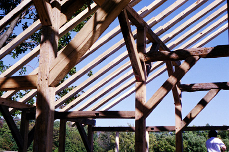 View from interior of Libertytown project timber frame joinery.
