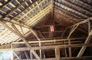 Dahlgren Street barn restoration project, finished view of interior framing.  It is not every day that you see an all walnut frame like this.