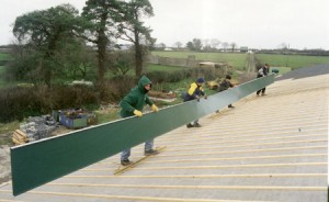 Adare, Ireland, fifty foot roll formed roof pans span full run of the roof, no horizontal seams.