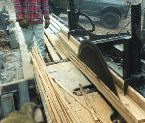 Sawing a stack of plaster lathe on the mill.
