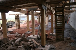 New Parlor Level Framing on Concrete Footings -- Note New Barn Bridge Wall to Right