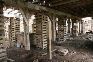 Cribbing In Parlor Level Supports Summer Beams and Floor Framing During Repairs