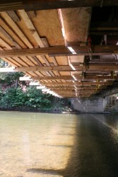 Detail of our method of securing temporary work platforms which let us work clear of the protected stream and required no permanant changes to the bridge.